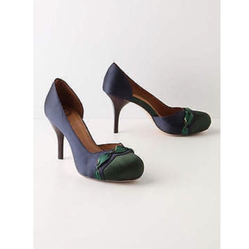 Navy & Green Satin Heels - Size 9